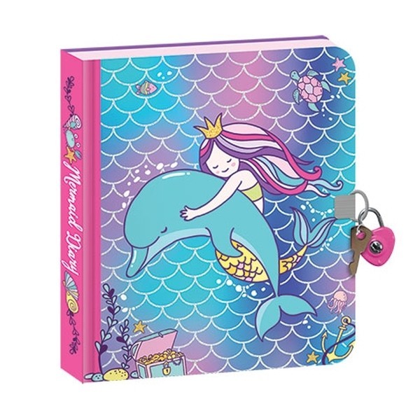 PH Lock + Key Diary Mermaid Dolphin Hard Cover Blue Pink Foil Accents on Pages
