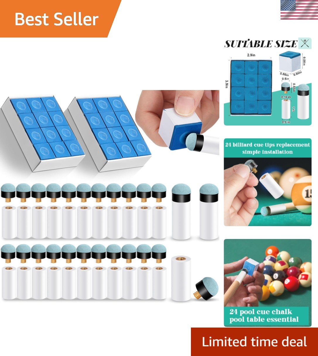 24 Pool Cue Chalks and Tips Replacement with Ferrules - Ideal for Tournaments
