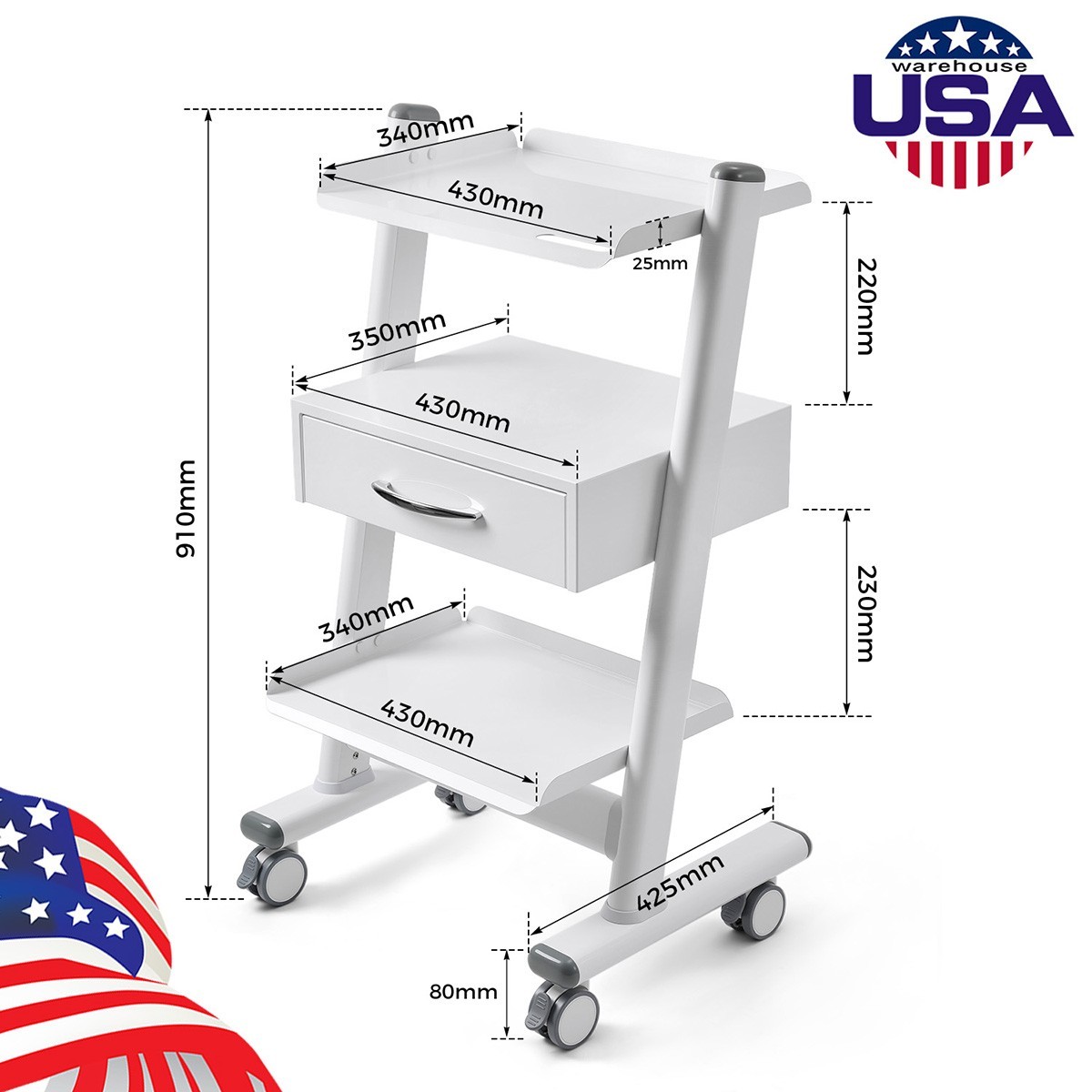 AZDENT Dental Trolley Mobile Instrument Cart Medical Tool Cart with Socket