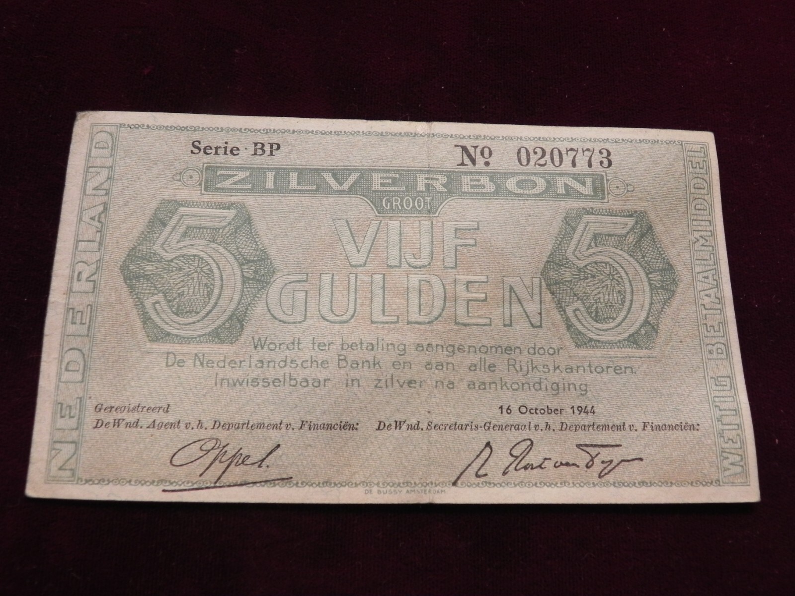 Netherlands:P-63,5 Gulden,1944 * ZILVERBONNEN - SILVER NOTES * XF *