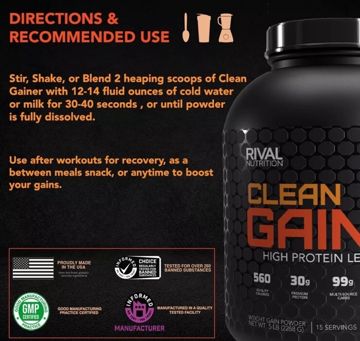 Rivalus Clean Gainer - Chocolate Fudge, 5lbs
