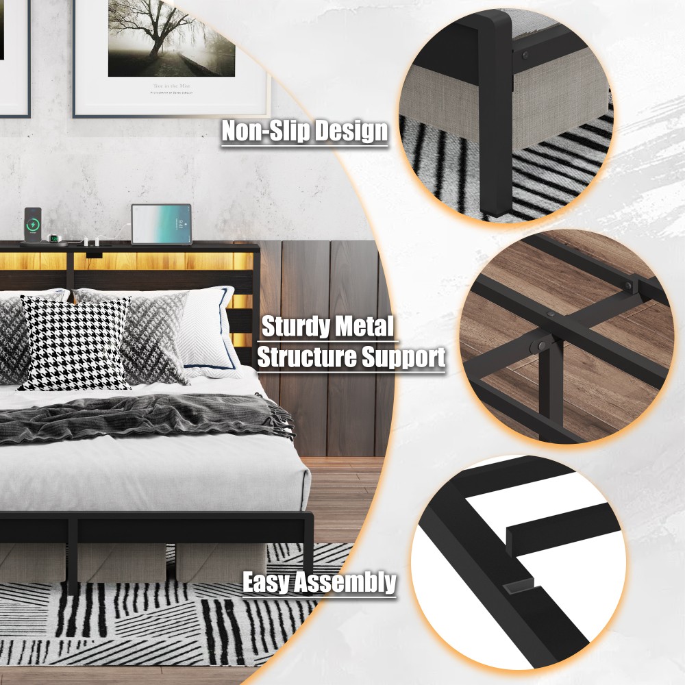 Full Size Metal Bed Frame w/ LED Lights, USB Charger, Under Bed Storage