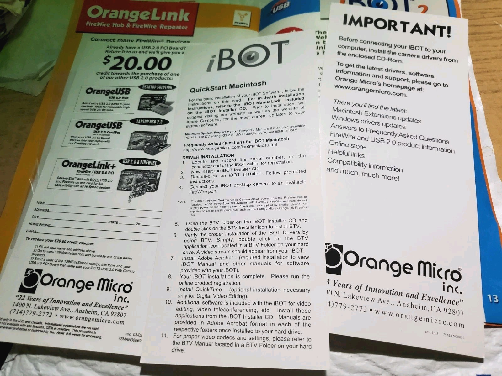 New Orange Micro Inc. For PC & Macintosh I Bot Pro Video Camera Disk Fire Wire