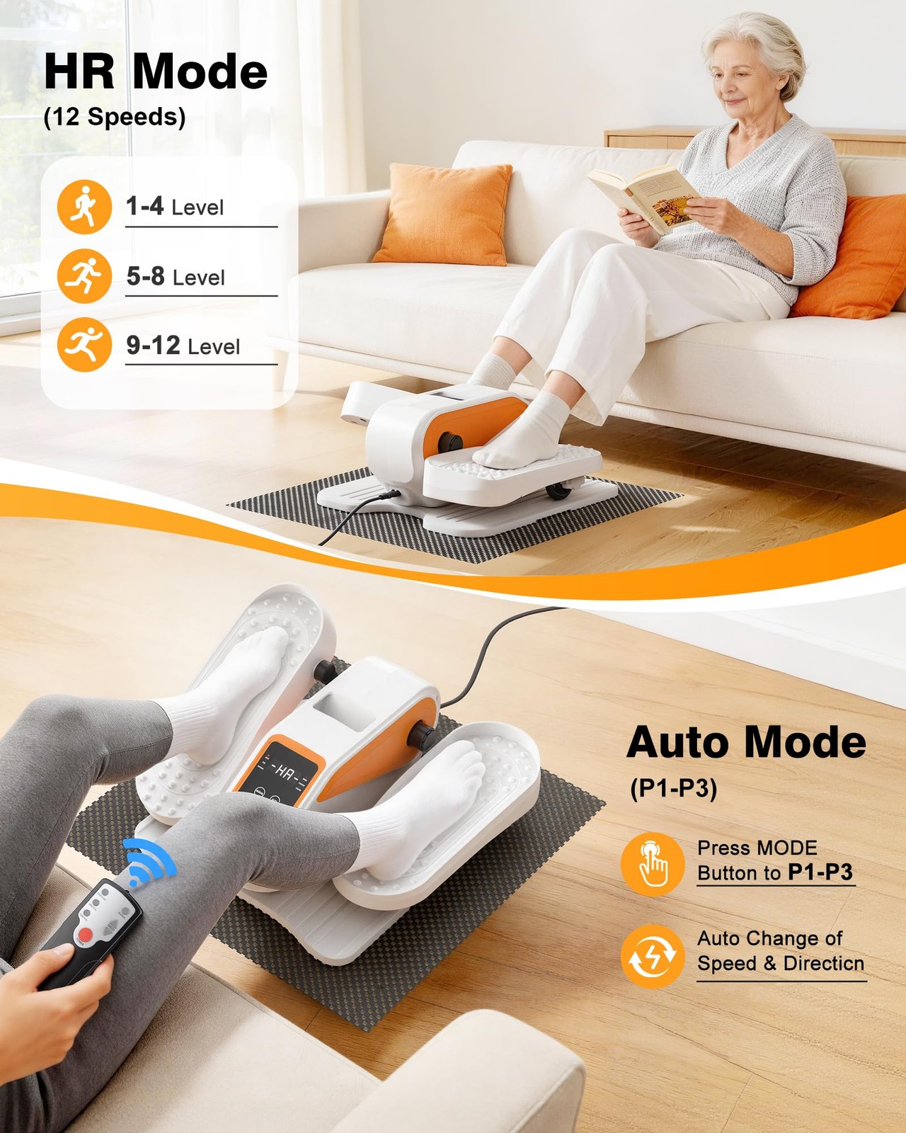 Under Desk Elliptical Leg Exerciser 12 Speeds RF Remote - Compact & Quiet