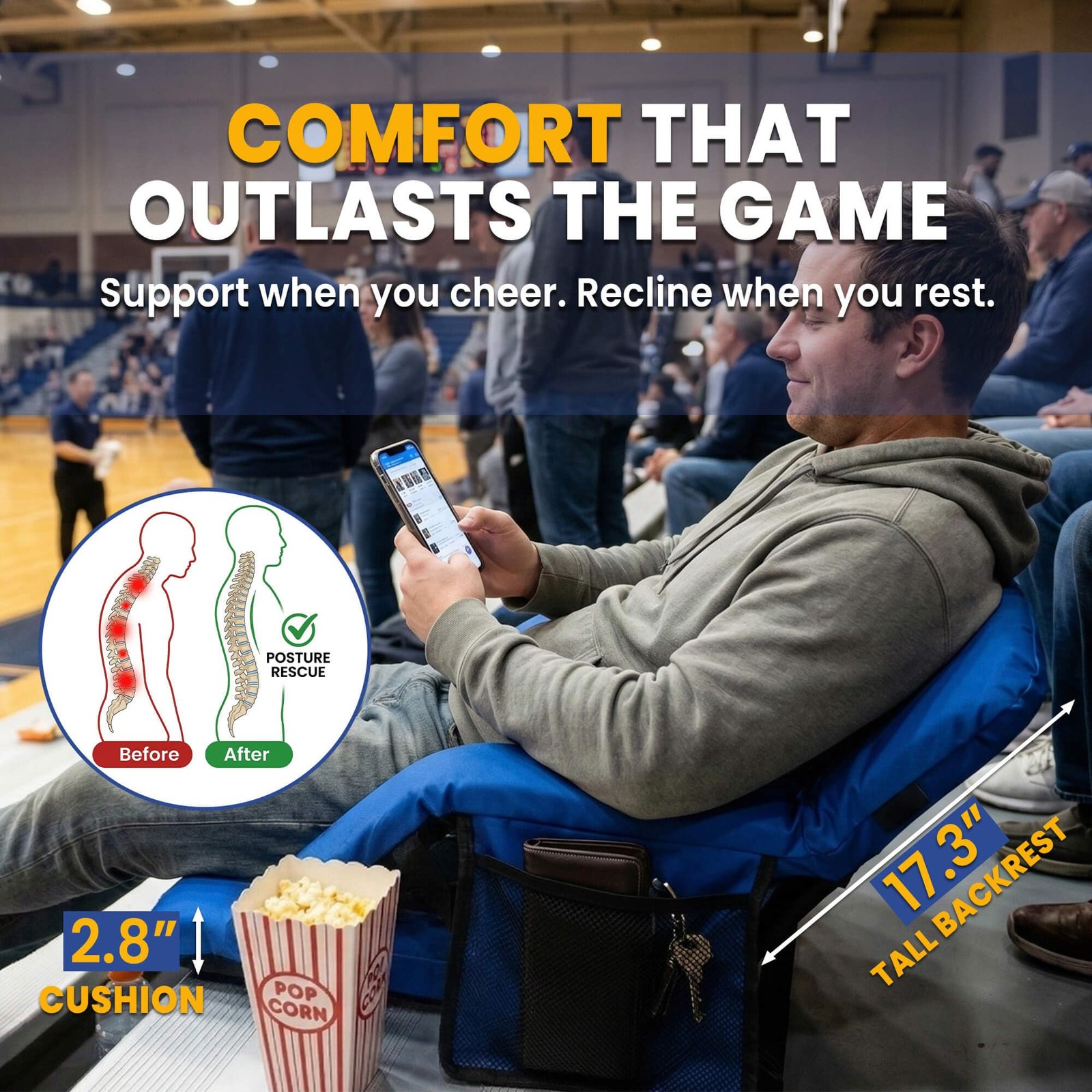 Stadium Seats with Back Support (380 lbs) - 2.8'' Thick Comfy Cushion, 6 Adju...