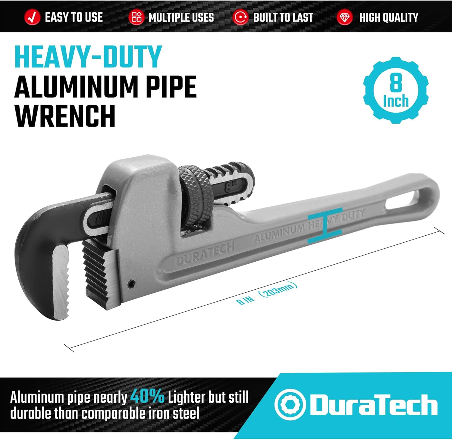 8-Inch Heavy Duty Aluminum Straight Pipe Wrench, Adjustable Plumbing Wrench, Dro