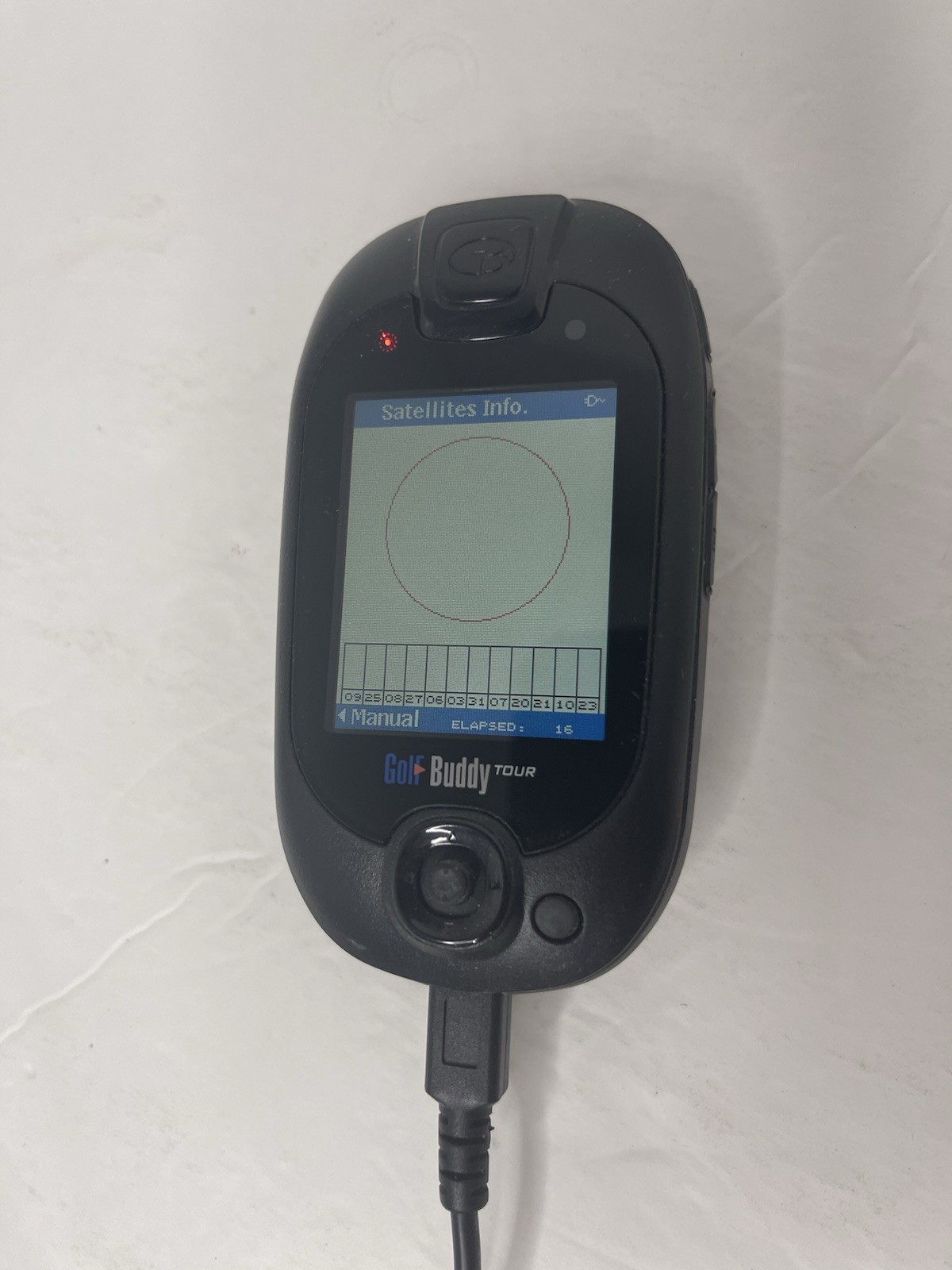 Golf Buddy Tour with Manuals, Belt Clip, Wall Charger, and USB charging cable.