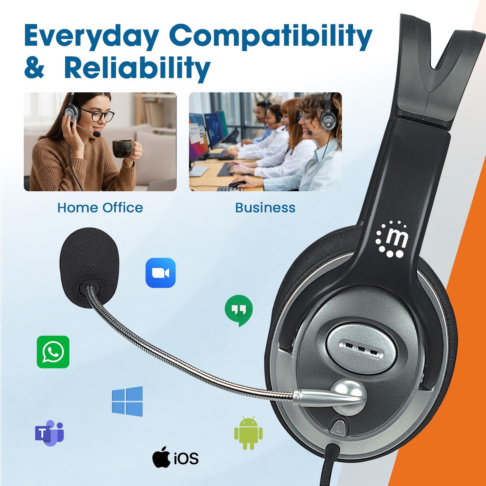 Wired Headset with Microphone, 8 ft Braided Cable, Volume Control, 3.5mm Jack