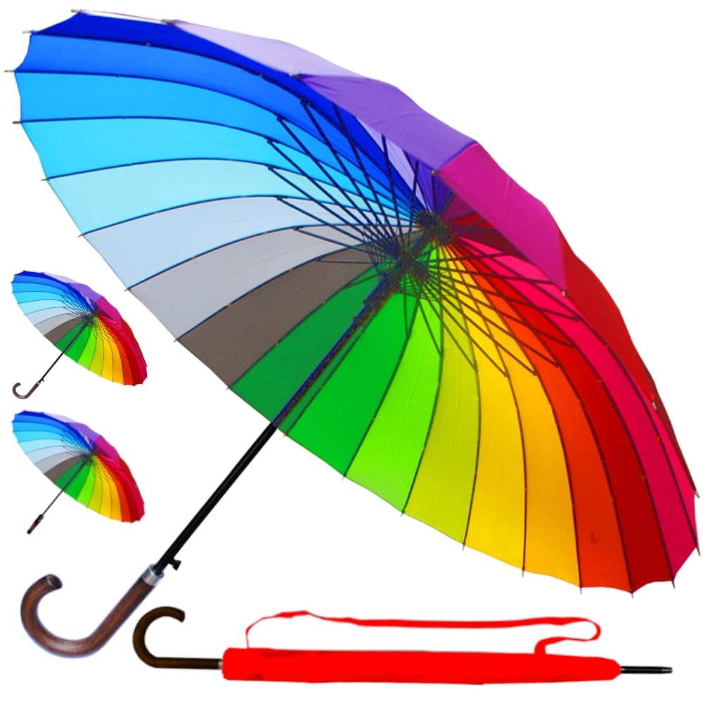 60MPH Windproof 24 Rib Large Strong Rainbow Umbrella - XL Automatic Heavy Dut...