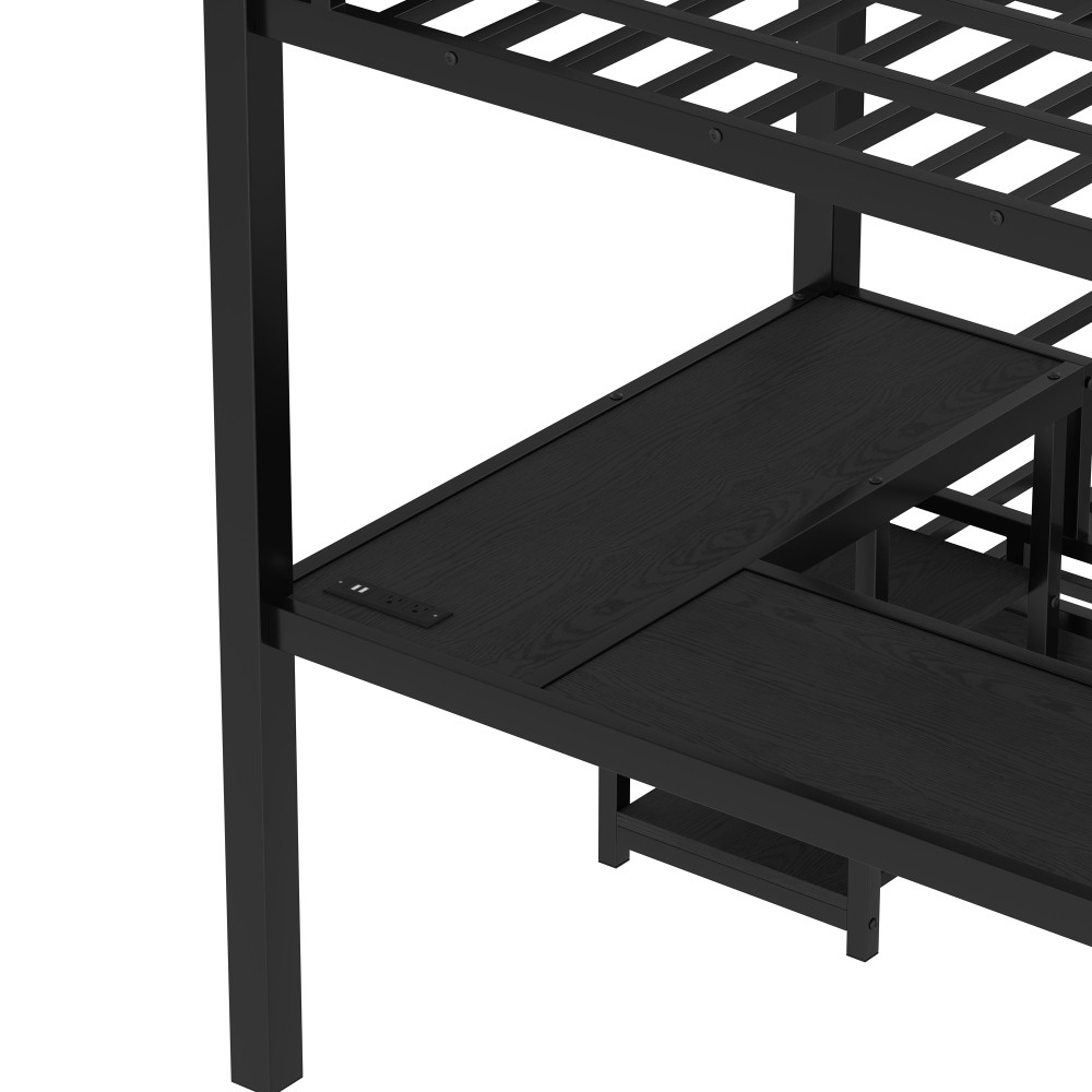 L-Shaped Metal Bunk Bed with Single Loft Bed, Desk, Storage, USB Charging Port