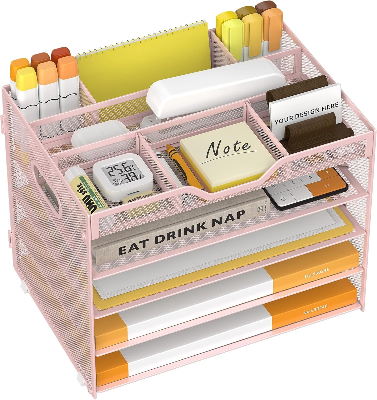 5 Tier Paper Letter Tray with Pen Holders Mesh Desk Organizer for Office School