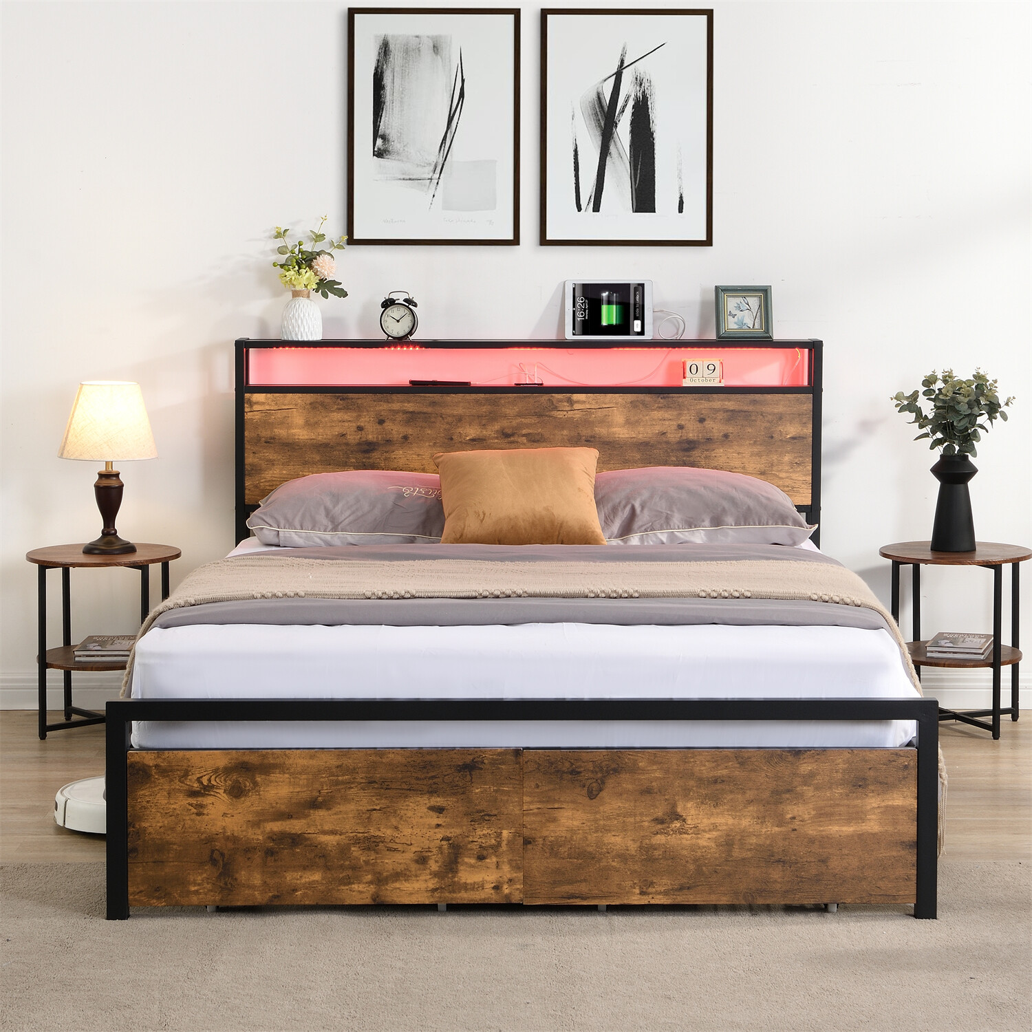 Queen Size Bed Frame with Storage Headboard & 2 Drawer Metal Platform Bed New
