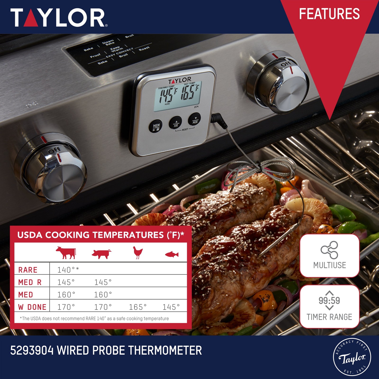 Taylor Digital Wired Probe Programmable Meat Thermometer with Timer