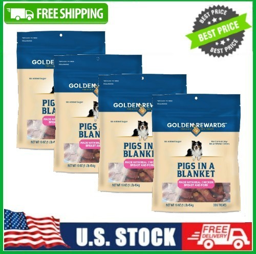 4 Bag Golden Rewards Pigs in a Blanket Chicken&Pork Sausage Dog Treats, 16oz Bag