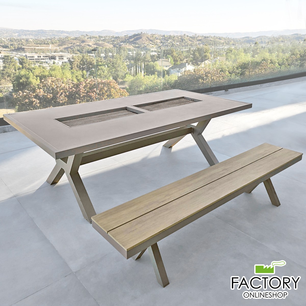 Modern Outdoor Garden Patio Wooden Dining Table BBQ Grill with Lids &Bench Chair