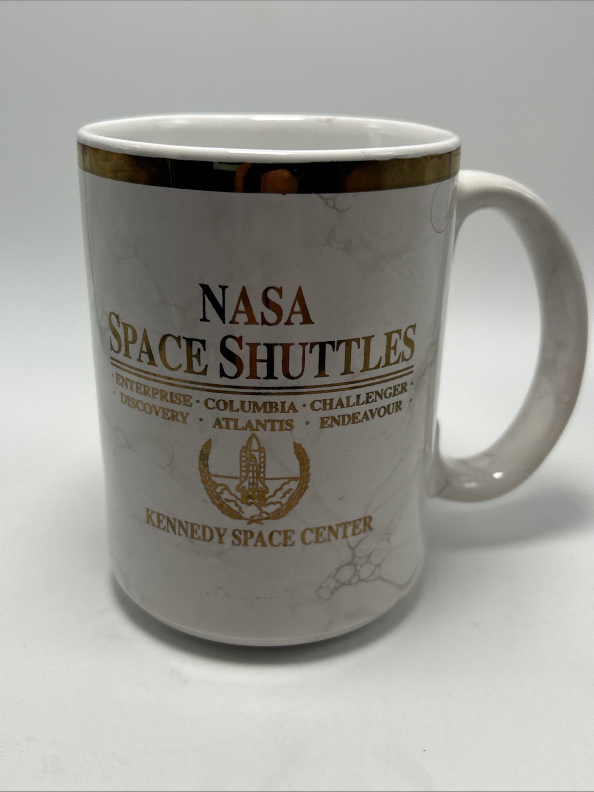 NASA Space Shuttle Kennedy Center White Mug - Vintage Gold Challenger D4