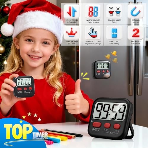 2 Pack Digital Timer for Kids, Magnetic Countdown Kitchen Timers for New Black