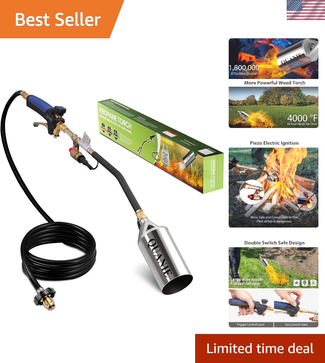 Durable Alloy Steel Propane Weed Torch - 1,800,000 BTUs, Eco-Friendly Solution