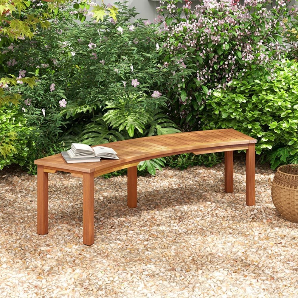 Outdoor Curved Acacia Wood Fire Pit Bench with Slatted Seat