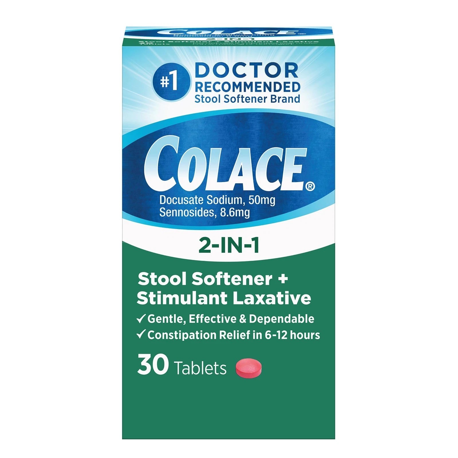 Colace 2-in-1 Stool Softener + Stimulant Laxative- 30 Tablets Exp 3/2028
