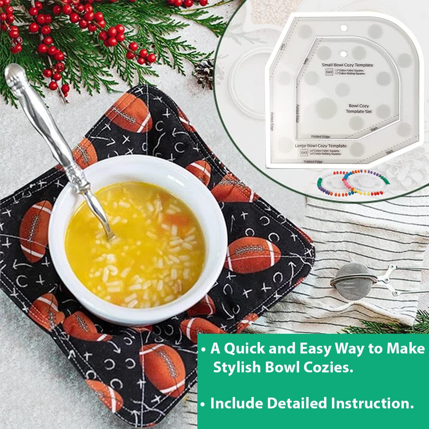 Bowl Cozy Template Set - 3 Sizes, Cutting Ruler, 40 Sewing Pins Instructions
