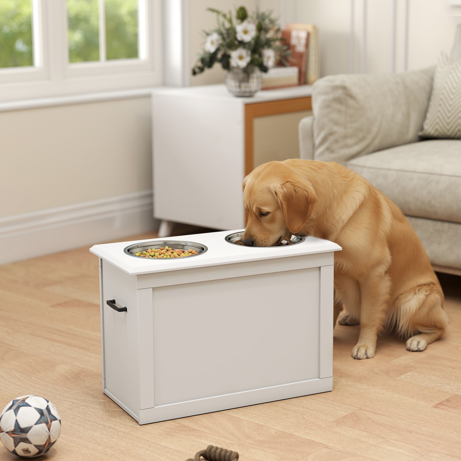 Raised Pet Feeding Storage Station with 2 Stainless Steel Bowls Base for Large
