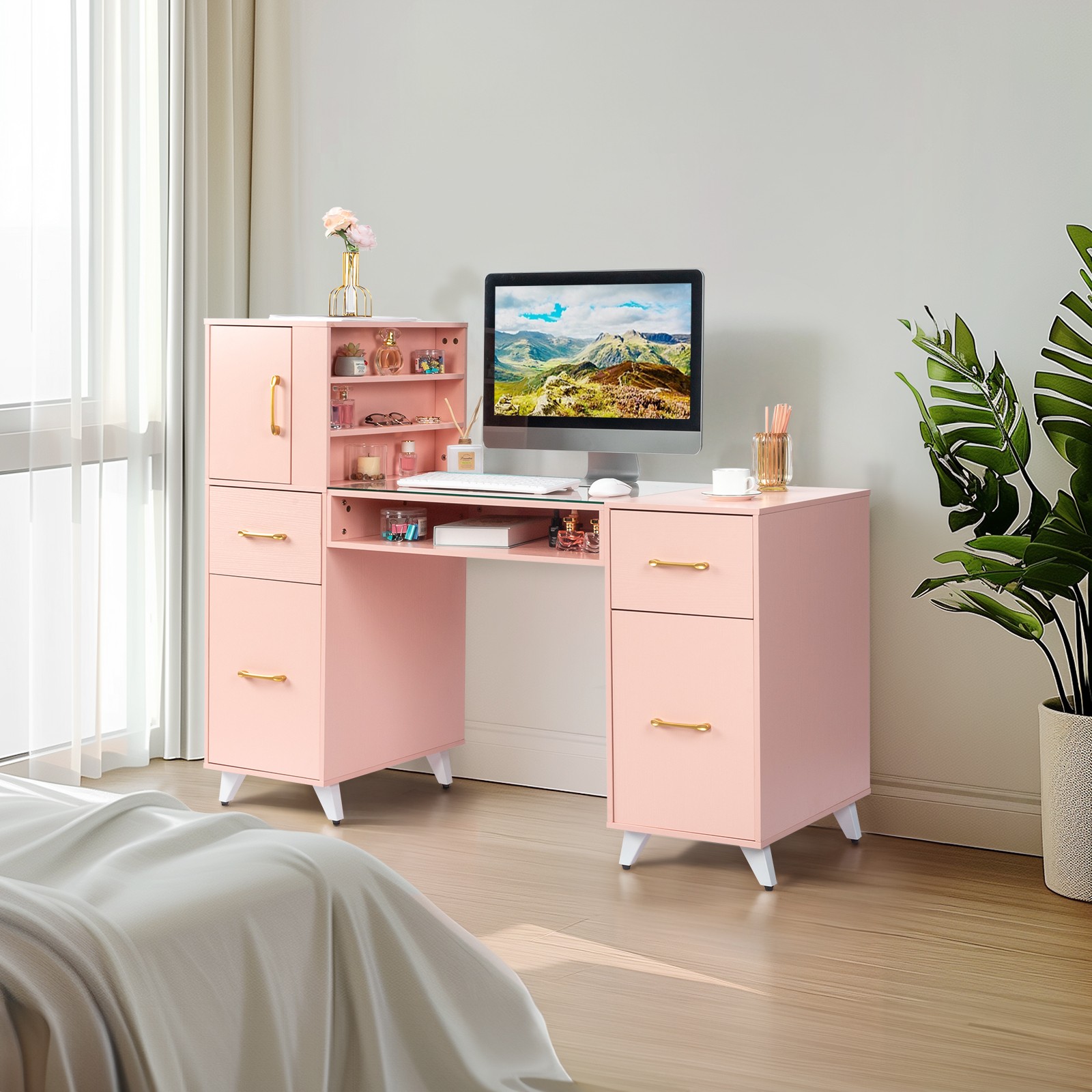 Pink Relief Nail Table w/ 3 Doors & 2 Drawers, Particle Board & Tempered Glass