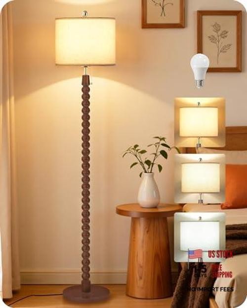 65" Solid Wood Floor Lamps for Living Room with Pull Chain - Reddish Brown