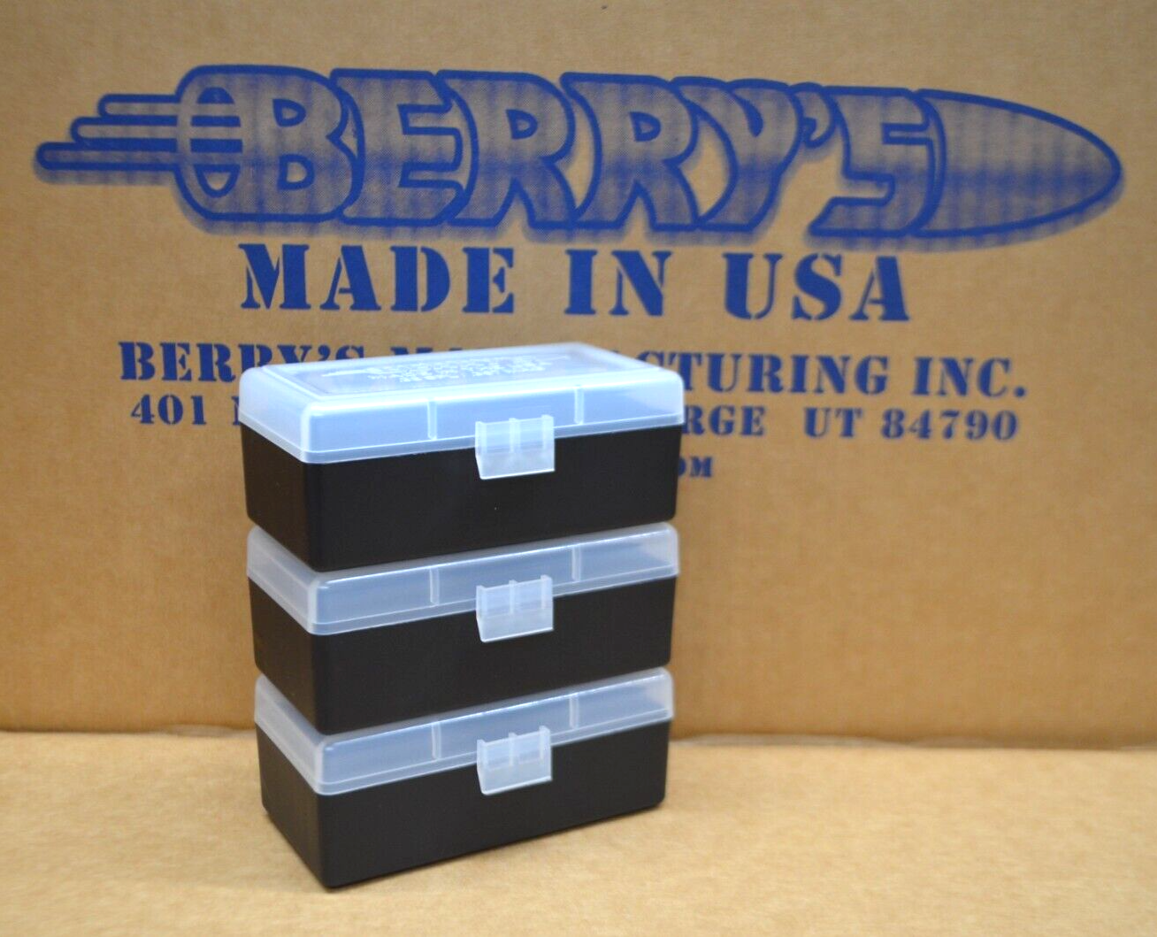 3 x 357 / 38 PLASTIC STORAGE AMMO BOX (CLEAR / BLACK) BERRY'S MFG