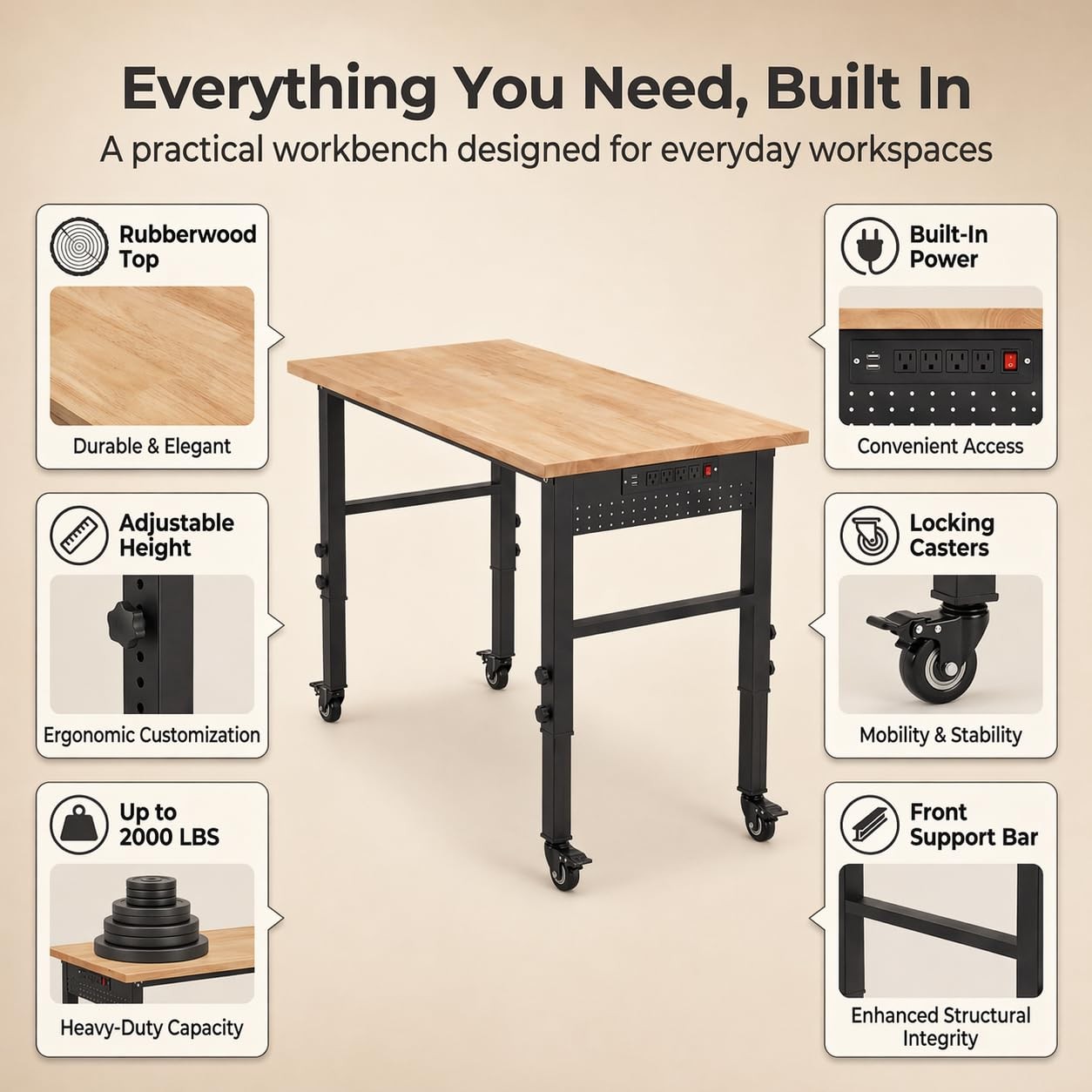 VUWIF 48" Workbench with Wheels, Adjustable Height 48 Casters, Black