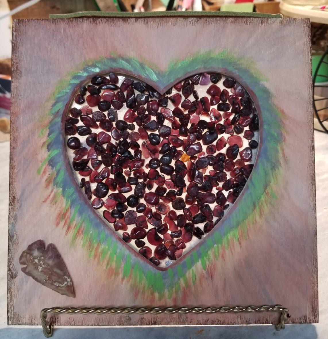 Dimensional Art with Red Garnet Stones 8X8 Wood Frame Art Creations by Nita