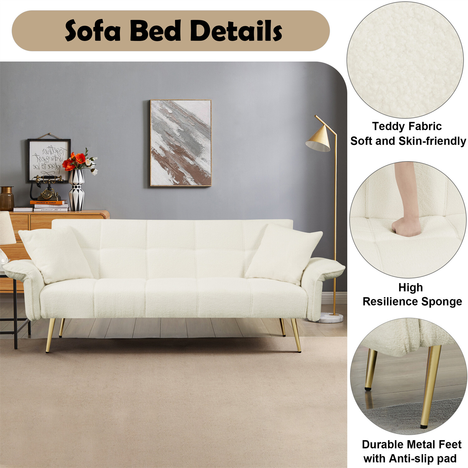 Beige Convertible Sleeper Sofa Bed Couch Futon Sofa Bed Folding Recliner Sofa US
