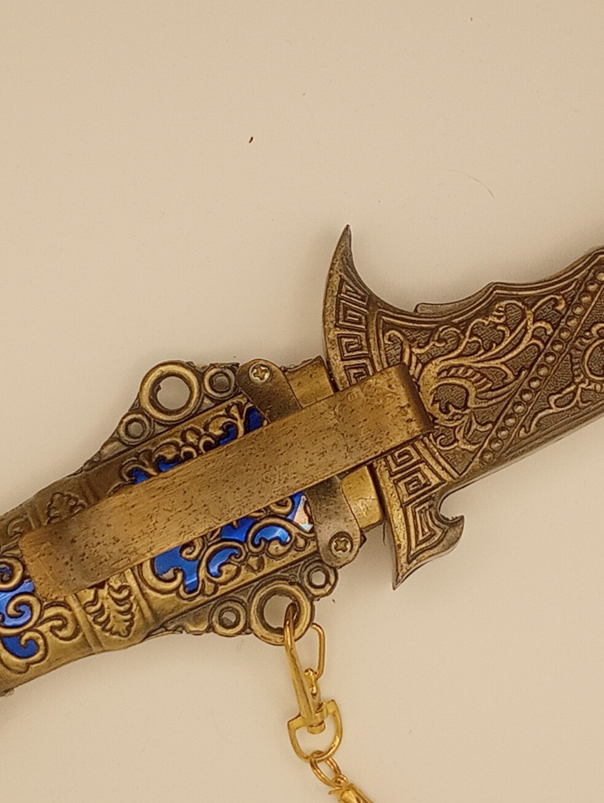 Vtg Collectible Dagger Knife Brass - Belt Clip-blue Inlay W/Box.S.S Blade