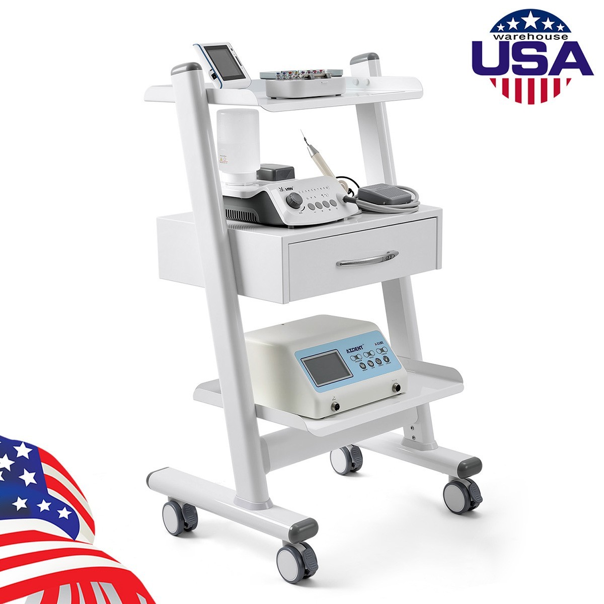 3 Tier Dental Medical Mobile Trolley Tool Cart with Drawer Socket Alloy-Handled