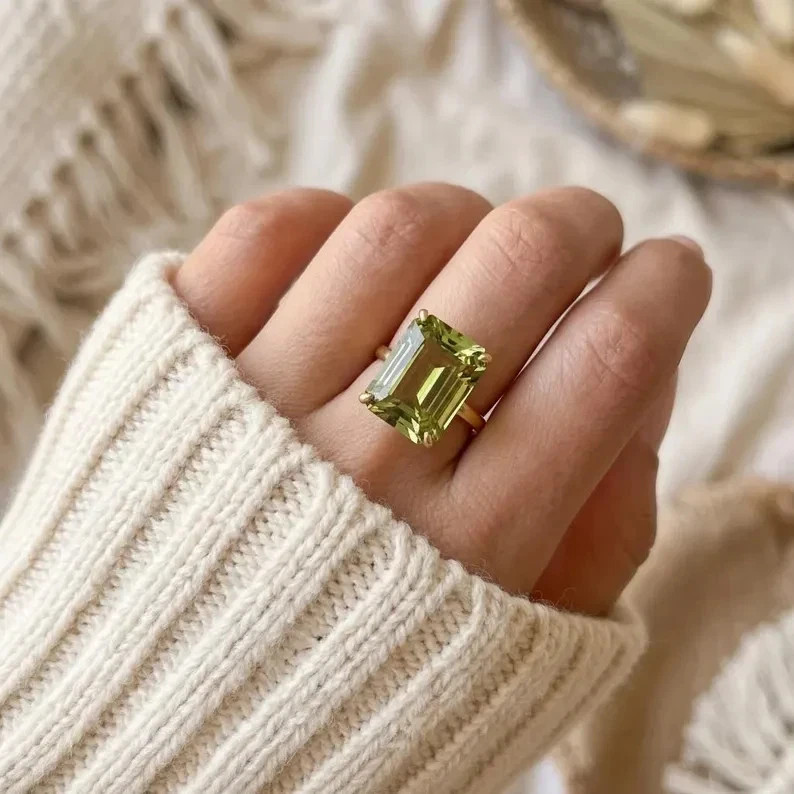 6.00 Ct Emerald Cut Natural Peridot Wedding Ring 14K Solid Yellow Gold