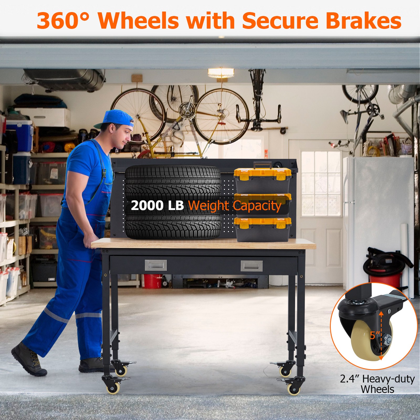 Adjustable Workbench with Drawer Storage, Rubber Wood Top Work Table for Garage