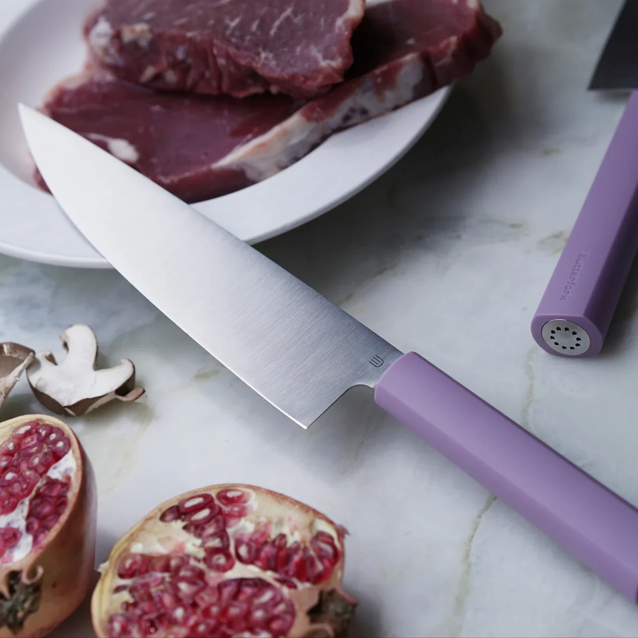 Butterfork Chef's Kitchen Knife 8 Polished AR-RPM9 Steel Blade Purple ABS Handle