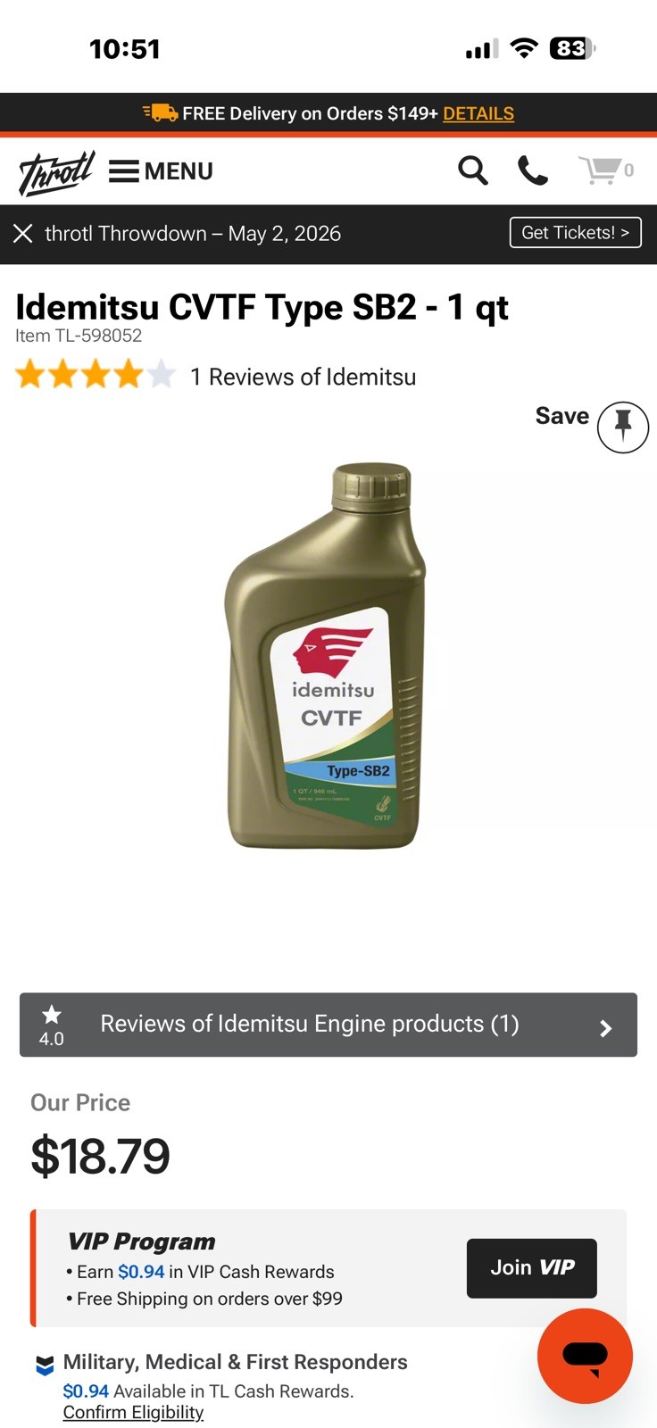 New IDEMITSU 30041113-750 CVT Transmission Fluid Type SB2 Quart CVTF II