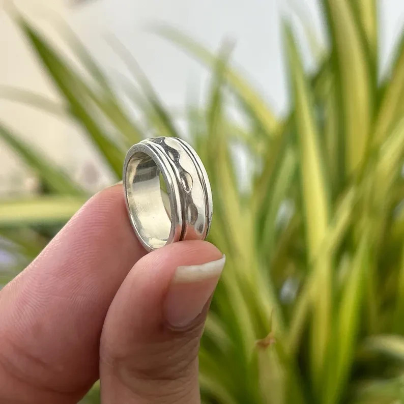 925 Sterling Silver Hammered Wide Band Ring Unisex Statement Jewelry All Size