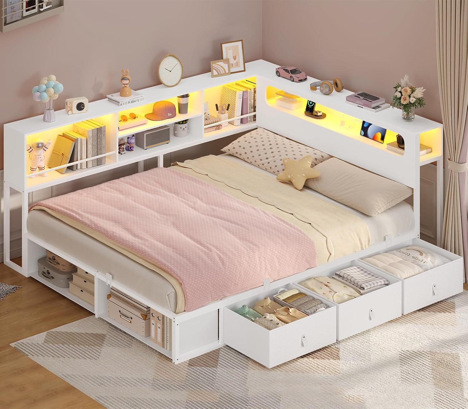 Corner Bed Frame Full Size with Bookcase Storage & Headboard White | RGB Lights,