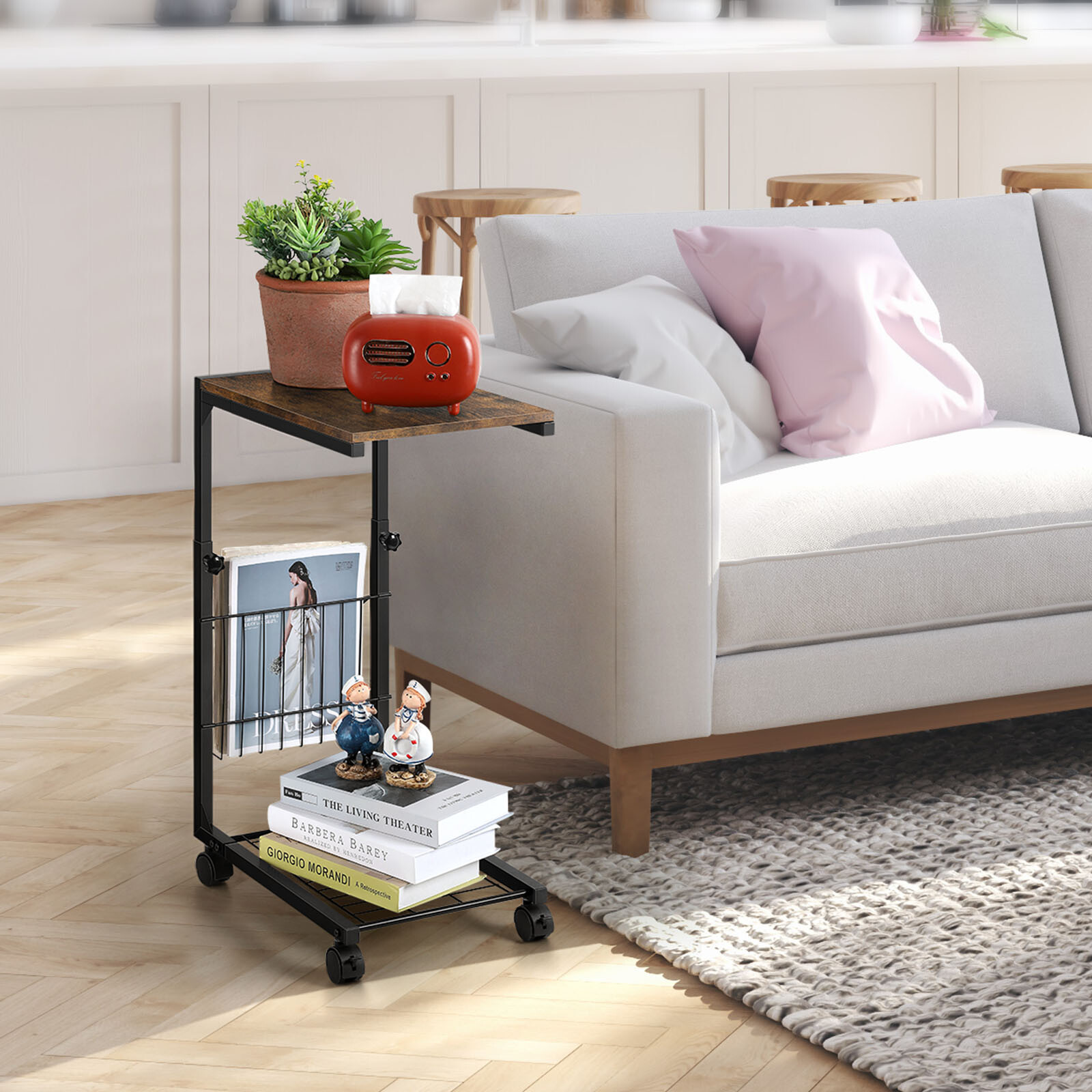 C Shaped Side Table Height Adjustable Sofa End Table Laptop Table Wheels Bedroom