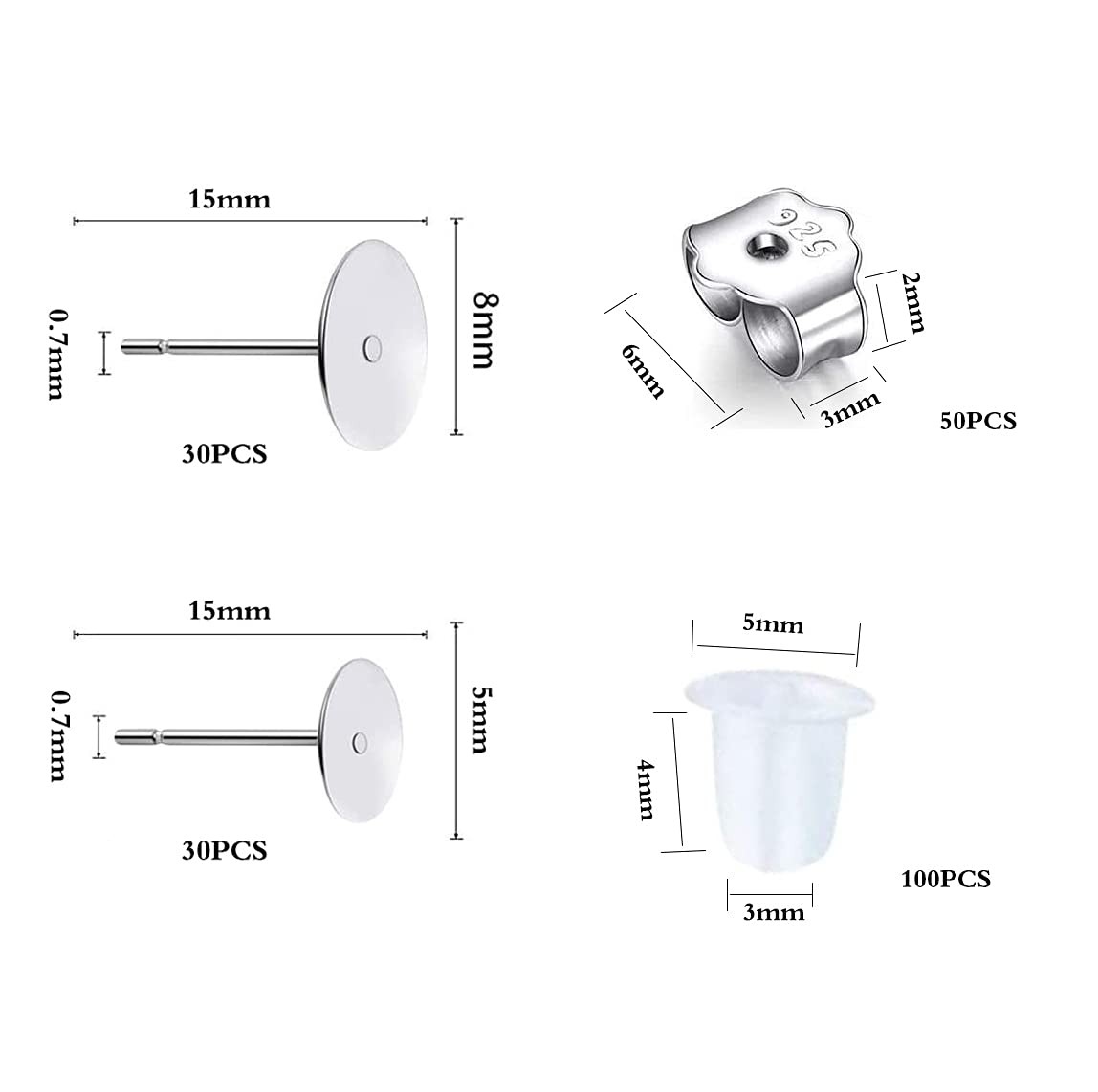 160 PCS 925 Sterling Silver Plated Earrings Posts Flat Pad silver