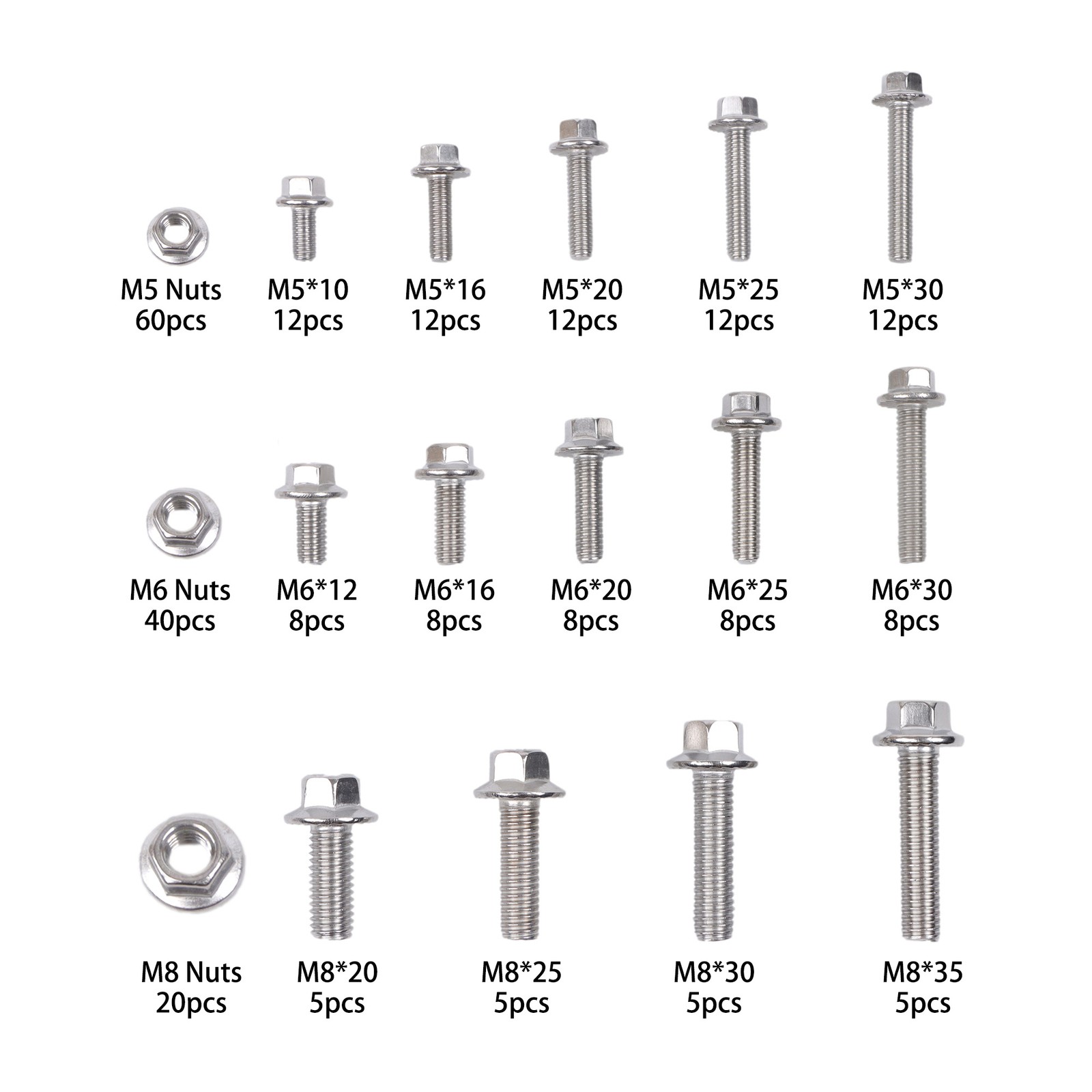 240Pieces M6 M5 M8 Flanged Bolts Nuts Kit 304 Metric Flanged Hex Screws Nut
