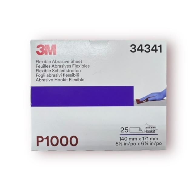 3M (34341) Hookit Flexible Abrasive Sandpaper Hand Sheet 1000 Grit (25 Sheets)