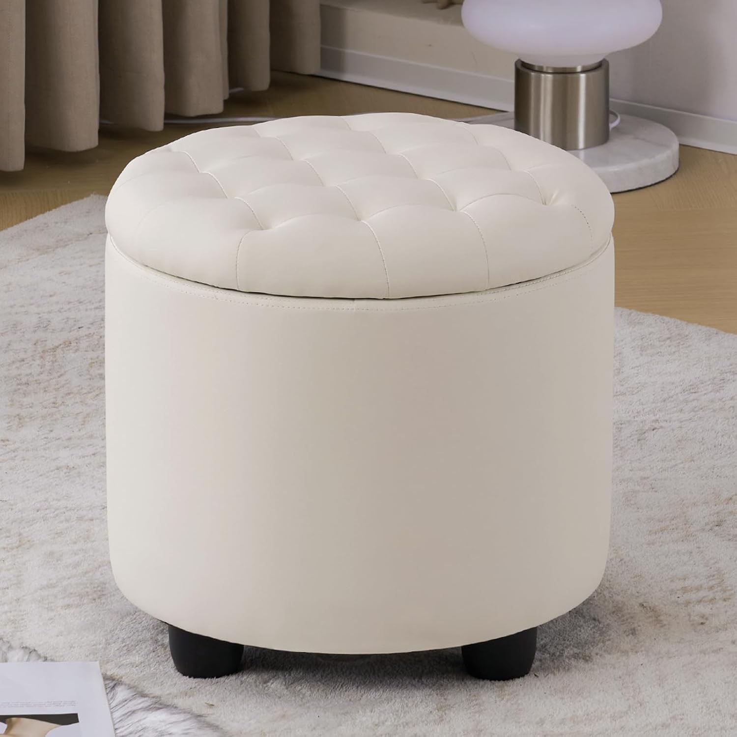 Upholstered Button Tufted Round Ottoman, PU Storage Ottoman Round,Lid Footstools