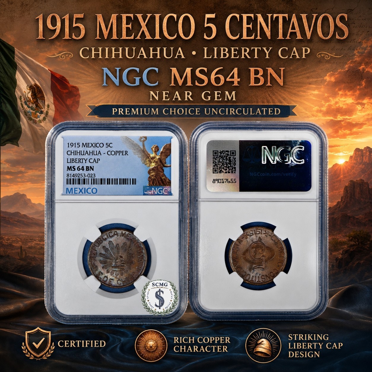 1915 Mexico 5C Chihuahua Copper NGC MS 64 BN - Eye Pleasing Chocolate