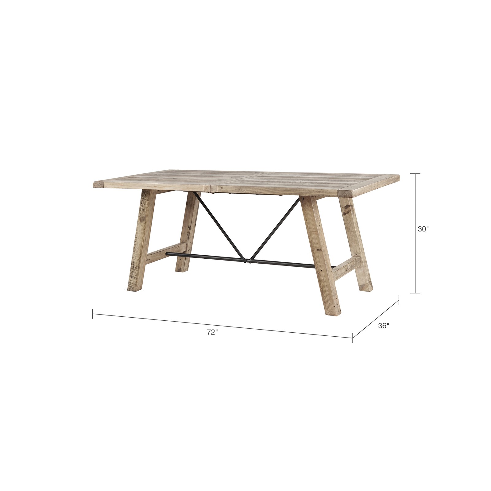 Solid wood dining table, metal stretcher, solid pine top and legs