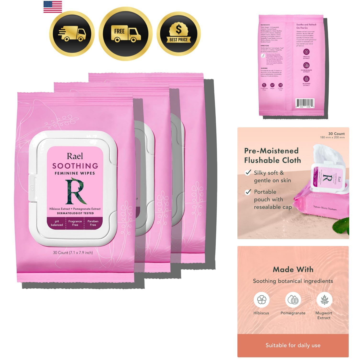 Feminine Wipes, Flushable, Travel Size, All Skin Types, Daily Use Soothing, 3...