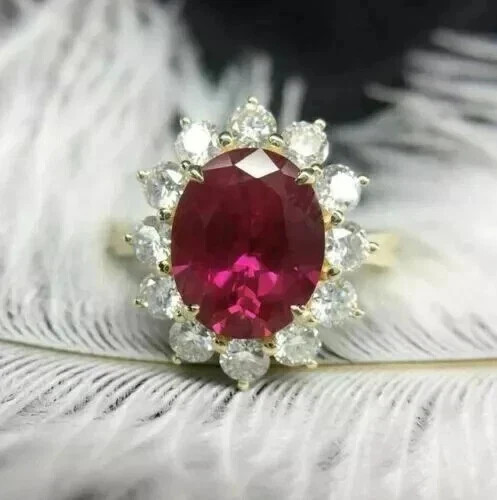 Lab Created Red Ruby 3.00Ct Oval Cut Wedding Ring 14K Yellow Gold Plated Silver