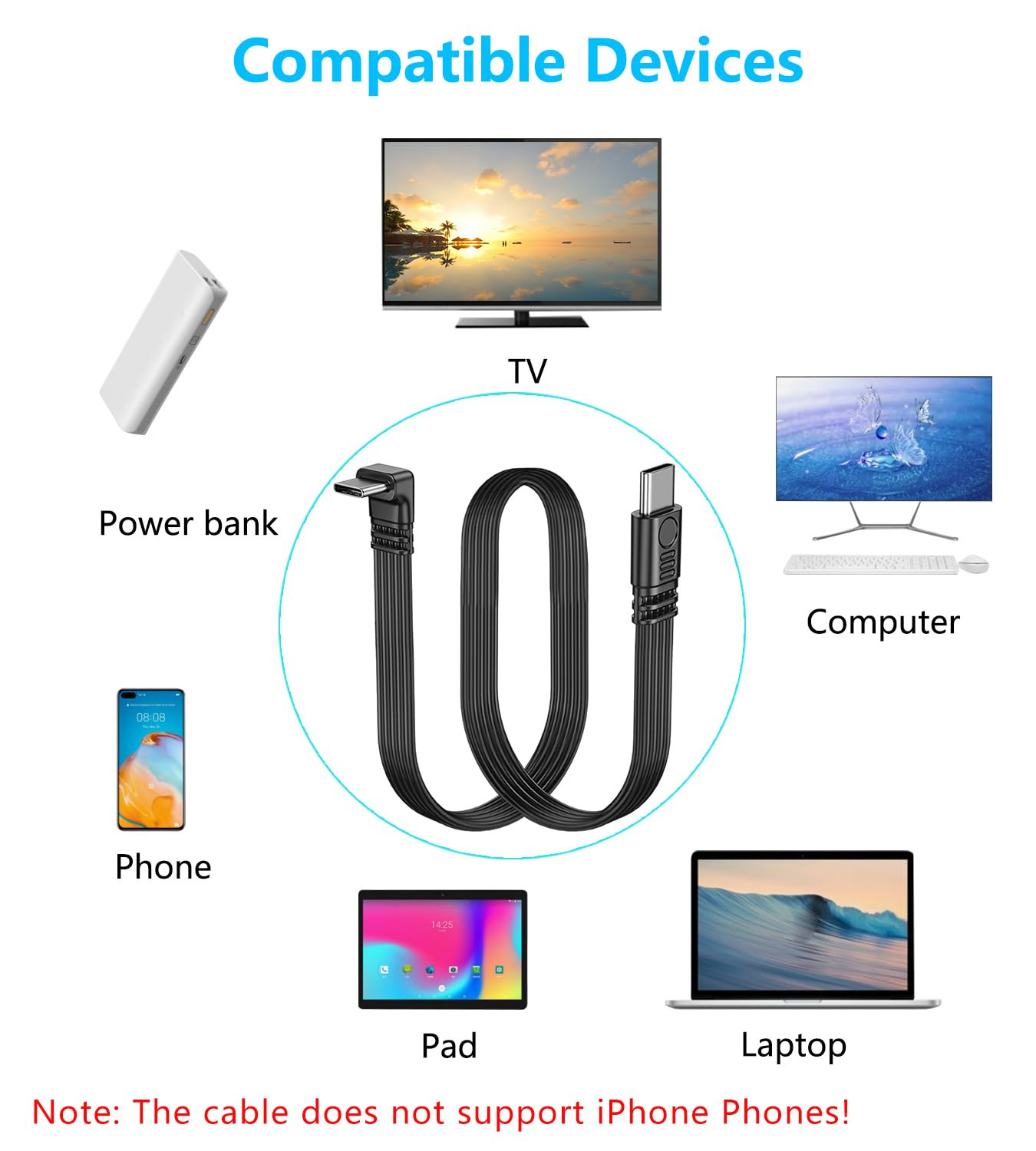 Short 90 Degree USB Type C 2.0 Flat Cable,Pd 65W USB C 2.0 Fast Charge Cable,Sho